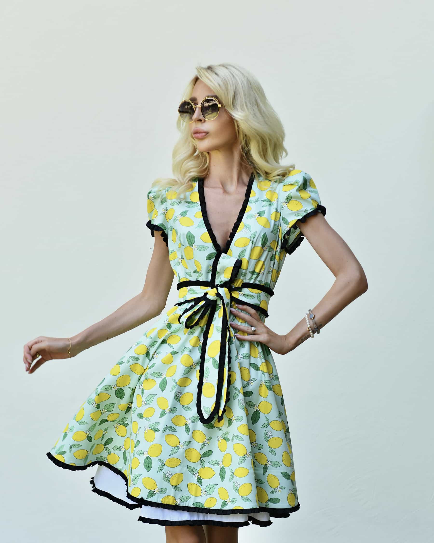 Belted dress with lemon print, white cotton petticoat and black silk contrast trim